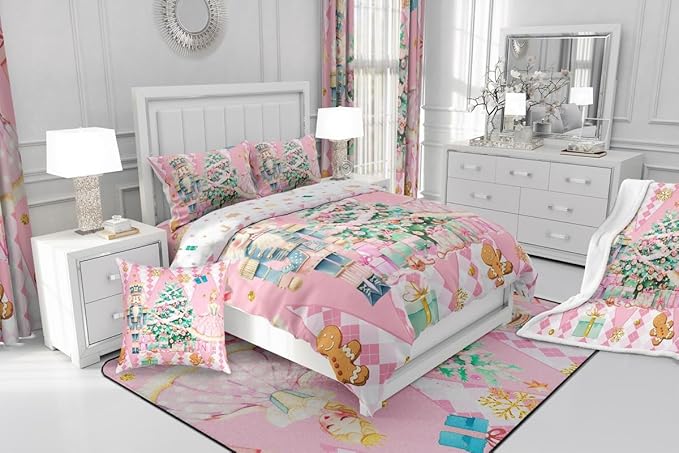 jejeloiu Christmas Nutcracker Comforter Set Queen Size Gingerbread Man Bedding Set for Kids Boys Girls Xmas Tree Duvet Quilt Pink Bedroom Decor