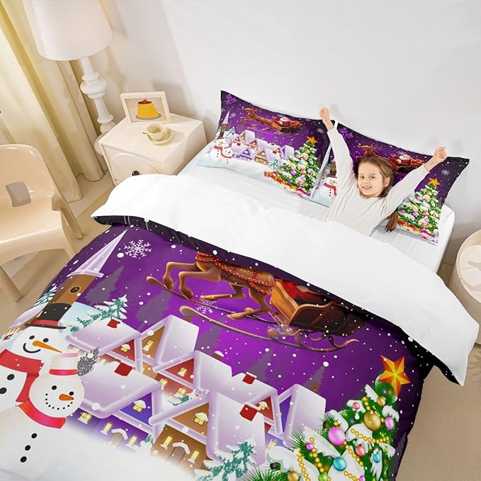 Manfei Xmas Duvet Cover Set Full Size, Snowman Christmas Tree Bedding Set for Kids Boys Girls, Santa Claus with Reindeer Comforter Cover New Year Theme Quilt Cover with 2 Pillowcases, No Comforter