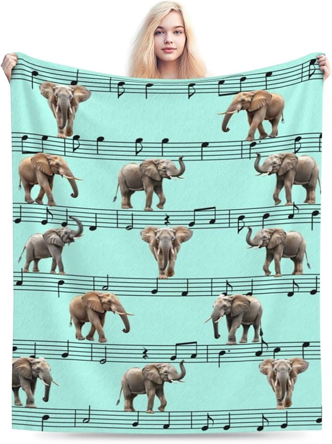 Elephant Blanket Musical Notes Decor Throw Blanket Super Soft Flannel Lightweight Fluffy Plush Fuzzy Fleece Blanket Gifts for Girl Woman Boys Kids Adults Man for Bed Sofa 50"X60"