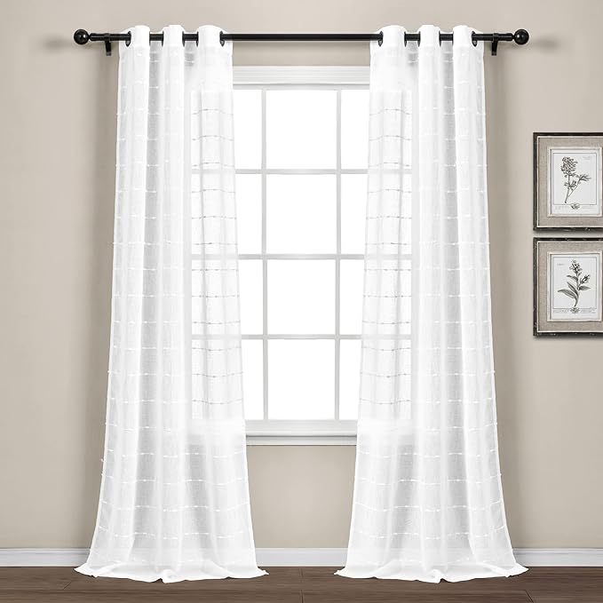 Lush Decor Farmhouse Textured Grommet Sheer Window Curtain Panel Pair, 38"W x 120"L, Bleach White