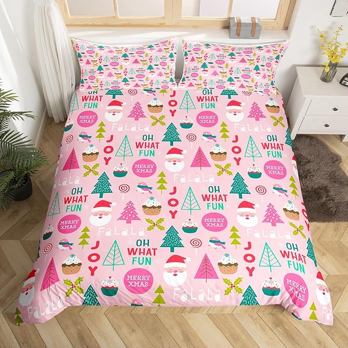 Feelyou Christmas Kids Bedding Set Cartoon Santa Claus Duvet Cover for Boys Children Teens Bedroom Decor Christmas Tree Comforter Cover Set Xmas Theme Bedspread Cover Twin Size with 1 Pillow Case