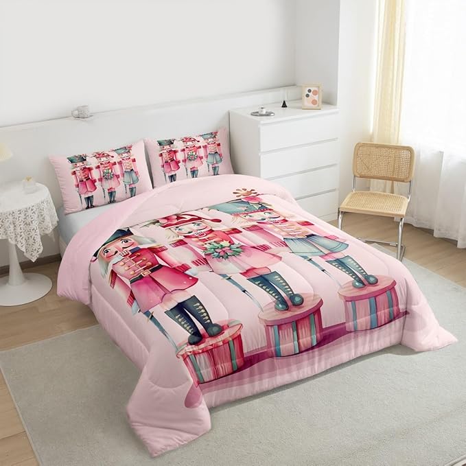 Feelyou Christmas Decor Nutcrackers Kids Comforter Set Queen Size Pink Christmas Bedding Set Funny Nutcracker Duvet Quilt for Kids Boys Girls Bedroom Berries Printed Decor Kawaii Soft Breathable