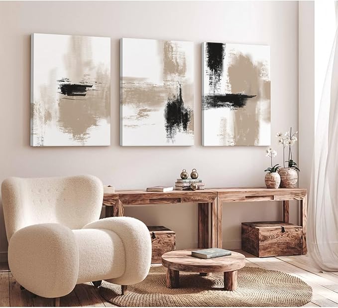 Beige Abstract Wall Art Painting Set of 3 Neutral Canvas Wall Art Prints Black Beige Modern Wall Decor Minimalist Art Pictures Abstract Modern Artwork for Room Bedroom 12x16 Inch Framed