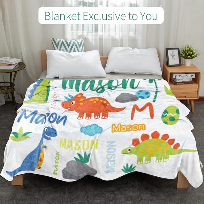 Personalized Dinosaur Blanket with Name for Boys, Customized Gift for Birthday, Christmas, Baby Shower, Soft Flannel Dinosaur Toddler Blanket, 30" X 40"