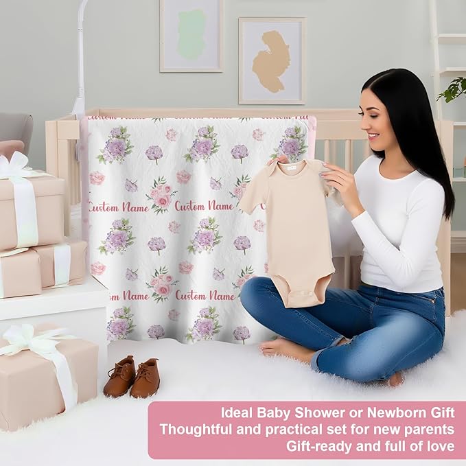 Personalized Baby Crib Bedding Set,3 Piece Custom Name Nursery Set with Blanket, Fitted Sheet & Pillowcase for Baby Girls & Boys, Floral Theme(Fixed Size)