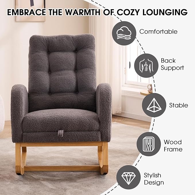 NIOIIKIT Nursery Rocking Chair, Linen Upholstered Glider Chair with Footrest, Tufted Rocker Recliner with Side Pocket, Comfy Recliner Glider, Accent Chair for Living Room (Grey Teddy)