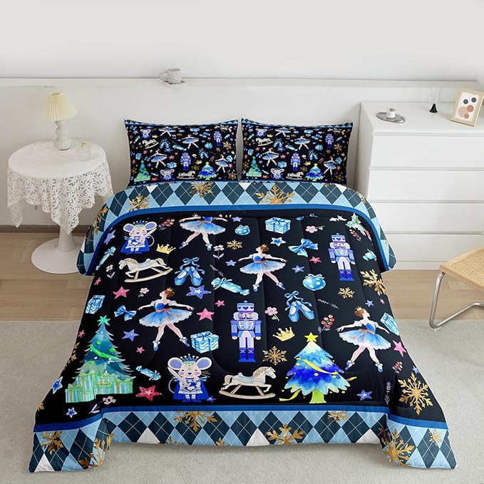Feelyou Merry Christmas Kids Comforter Set Twin Size Ballet Nutcracker Bedding Set Snowflake Duvet Quilt for Kids Boys Girls Bedroom Decor Microfiber Ultra Soft Breathable