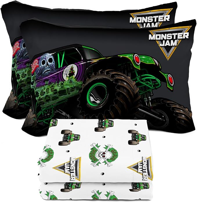 Sunny Side Up Monster Jam Grave Digger Full Sheet Set - 4 Piece Kids Bedding Set Includes Pillow Cover - Super Soft Microfiber Sheets