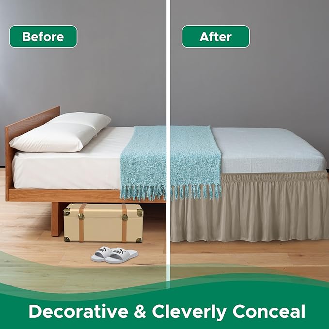 Biscaynebay Wrap Around Bed Skirts for King & Cal King Beds 15" Drop, Taupe Adjustable Elastic Dust Ruffles Easy Fit Wrinkle & Fade Resistant Silky Luxurious Fabric Machine Washable