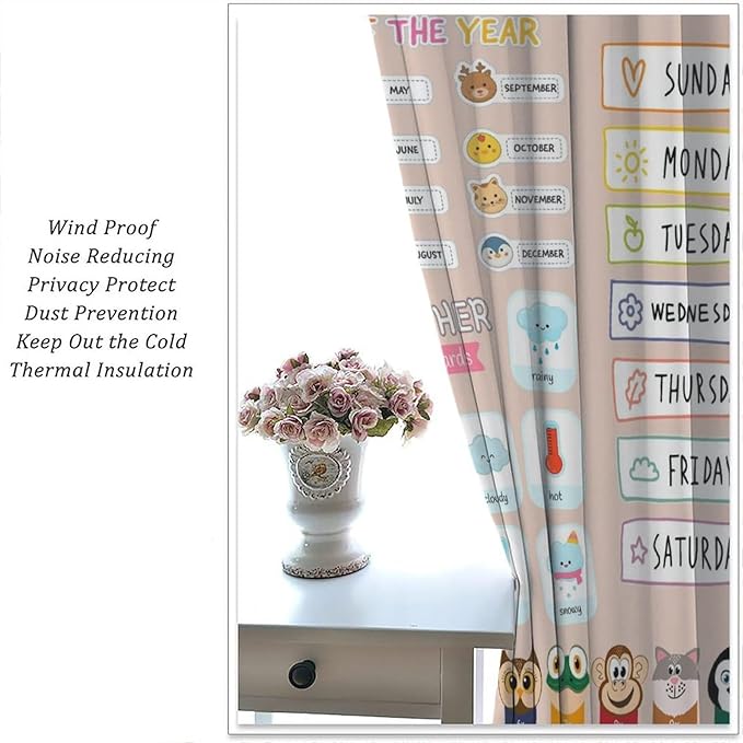 Funny Kids Educational Alphabet Curtain Cartoon Colorful Weather Multiplication Table Printed Rod Pocket Window Treatments for Bedroom Living Room Decor 42" W X 45" L