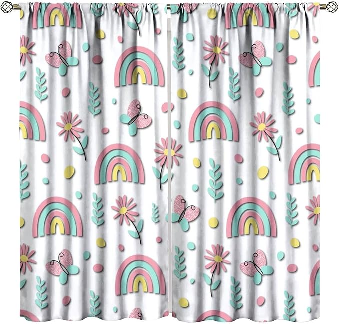 Kids Rainbow Curtains Boho Cartoon Colorful Stars Love Heart Lovely Abstract Art Pattern Print Window Drapes for Girl Bedroom Living Room Kitchen Decor,2 Panel Set,84Wx84H Inch Blackout