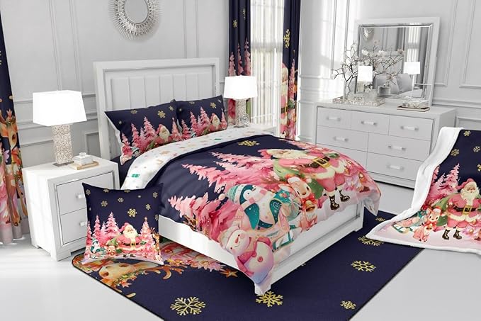 jejeloiu Merry Christmas Comforter Set Toddler Size Santa Claus Bedding Set for Kids Boys Girls Cute Deer Duvet Quilt Dark Blue Bedroom Decor