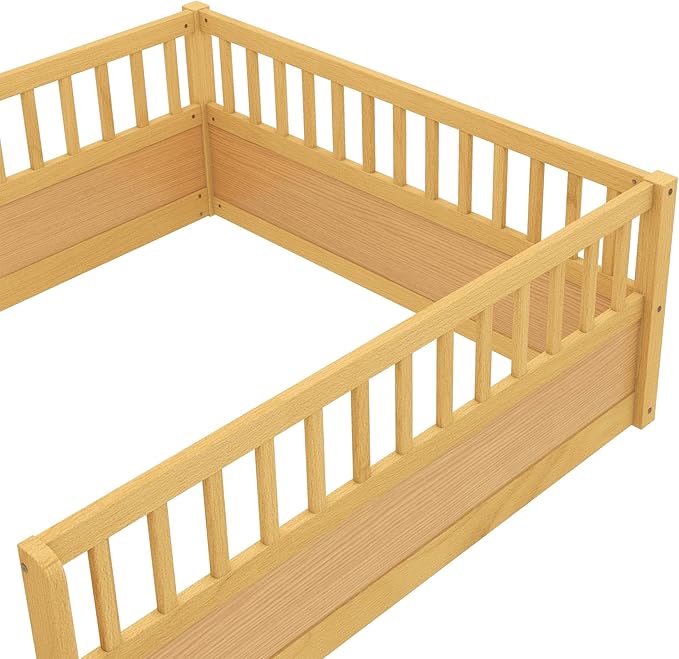 Kids Montessori Floor Bed,Full Size Floor Bed with High Fence and Door,Full Bed Frame with Guardrails for Kids,Girls,Boys,Full,Natural