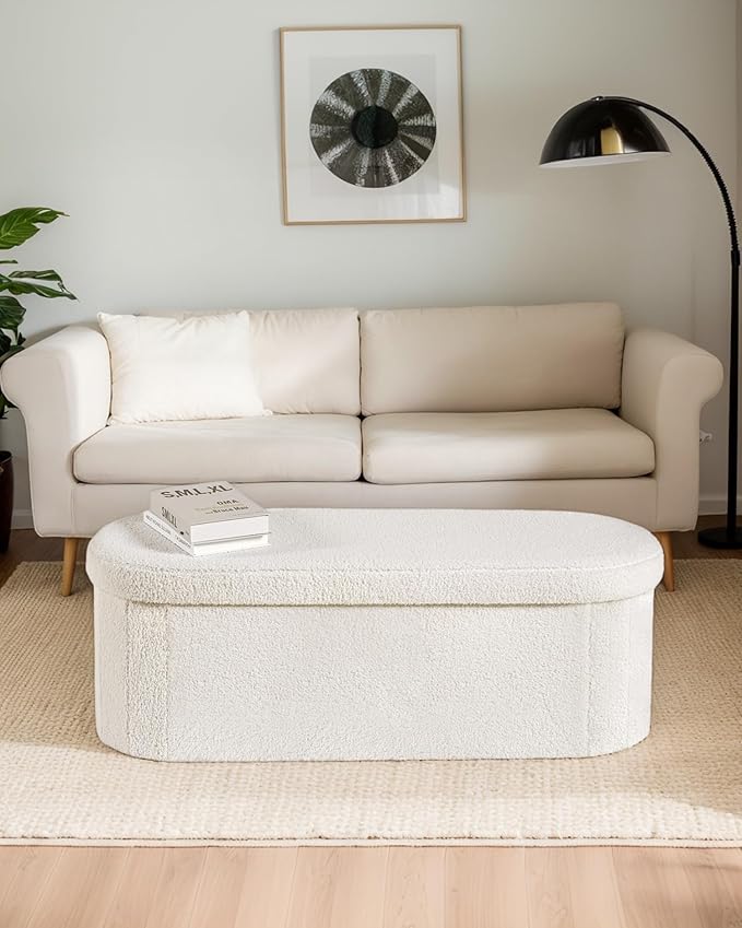 Storage Ottoman Bench, 43.3 Inches Oval Ottoman with Storage, Teddy Boucle Foot Rest, Large Folding Ottoman Bench for Living Room, Entryway, Bedroom, White