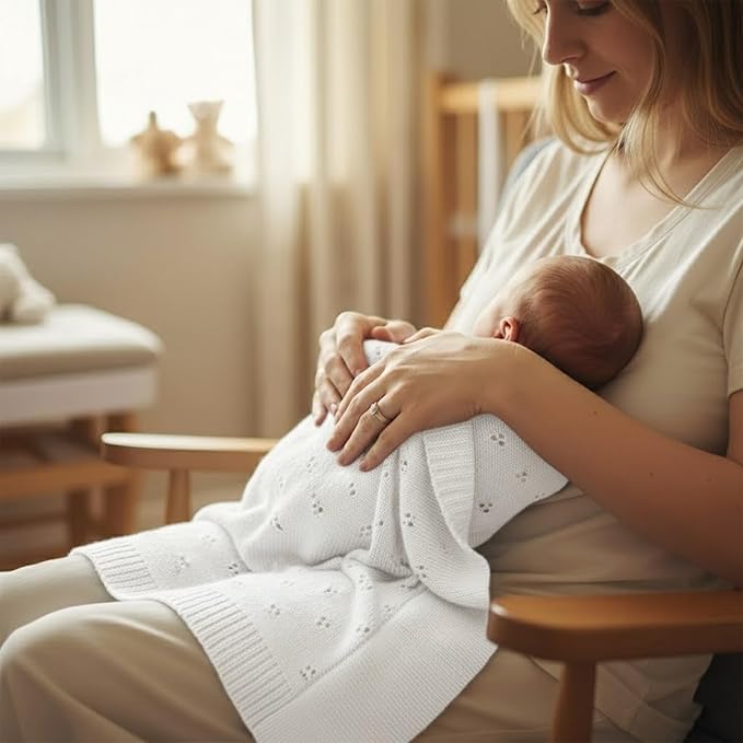 Baby Knit Blanket, 100% Cotton Eyelet Patterns, Soft, Cozy, Lightweight Swaddle for Newborn & Infant Swaddling Beige Neutral, Perfect Baby Shower Ideas White 28x36
