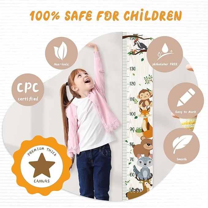 Kids Growth Chart for Wall - Premium Canvas Removable Height Ruler for Wall, Height Chart Measuring for Kids & Baby (Zoo)