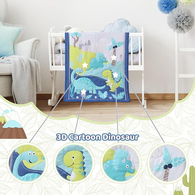Wowelife Dinosaur Mini Crib Bedding Set for Boys Blue Premium 3-Piece Baby Bedding Sheet Set Dinosaurs Nursery Crib Set Crib Comforter Set Breathable and Soft for Baby