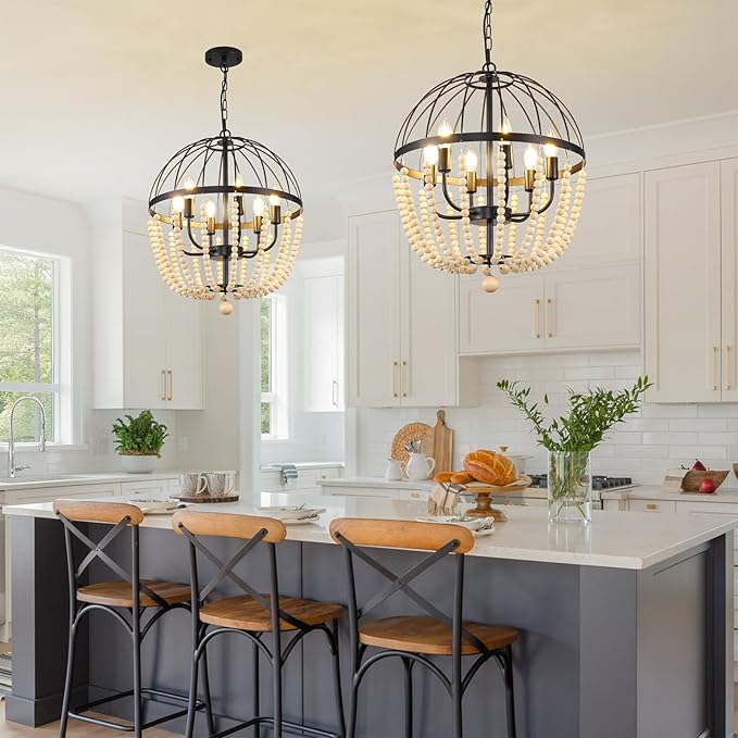 WJShome 6-Light Farmhouse Chandelier, Vintage Dining Room Light Fixture, Black Boho Wooden Bead Lantern Pendant Light, Rustic Pendant Lights Kitchen Island, for Entryway Foyer Hallway,