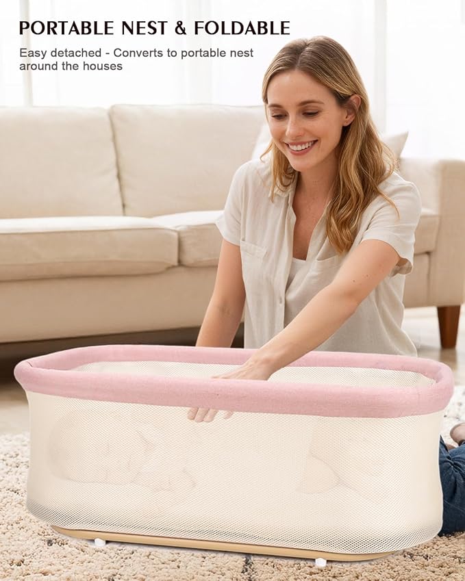3 in 1 Baby Bassinet, Rocking Bedside Bassinet for Baby with Mesh Design & Soft Mattress, Bassinet Bedside Sleeper for Newborn Infant，Portable Nest with Storage Basket, Easy Assemble & Folding Pink
