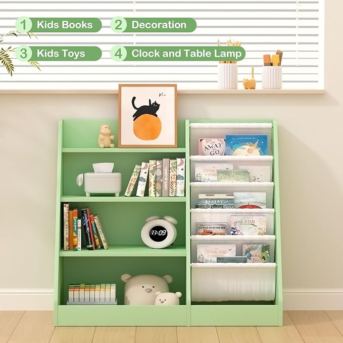 NACHES Montessori Kid Bookshelf Toddler Bookcase Cabinet Children Book Rack Display Toy Storage Organizer 4 Tier 5 Sling Deep Sleeves Classroom Bedroom Nursery Playroom Wood (Green)