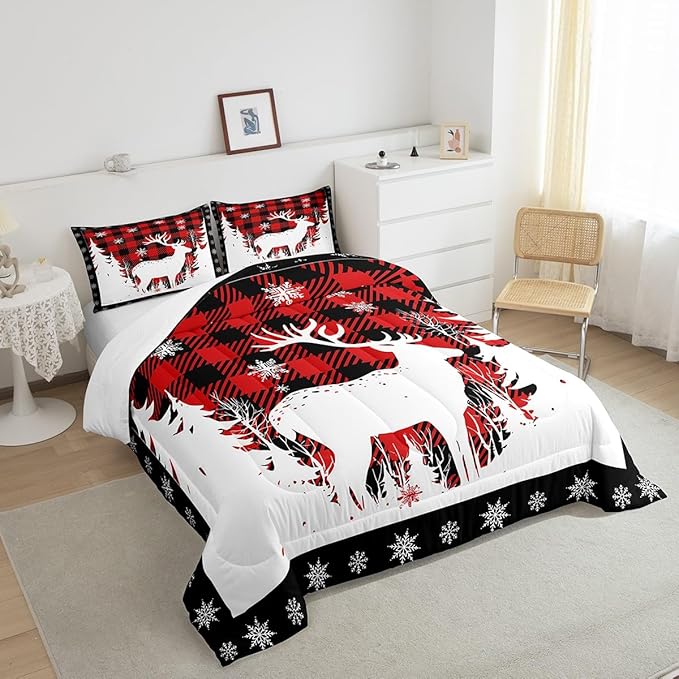 Manfei Christmas Comforter Set King Size, Xmas Deer Tree Snowflake Print Bedding Set 3pcs for Kids Boys Girls Bedroom Decor, Black Red Plaid Print Quilt Set with 2 Pillowcases