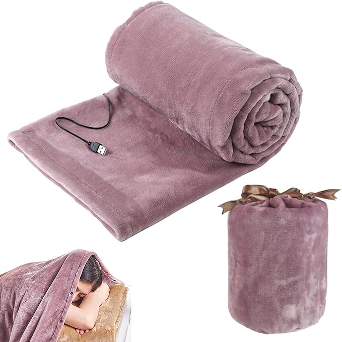 Portable Heated Blanket Throw - USB Charging Flannel Electric Blankets, Fast Heating Warming Winter Throw Blanket for Women, Machine Washable (Light Pink, 55X31 Inches)