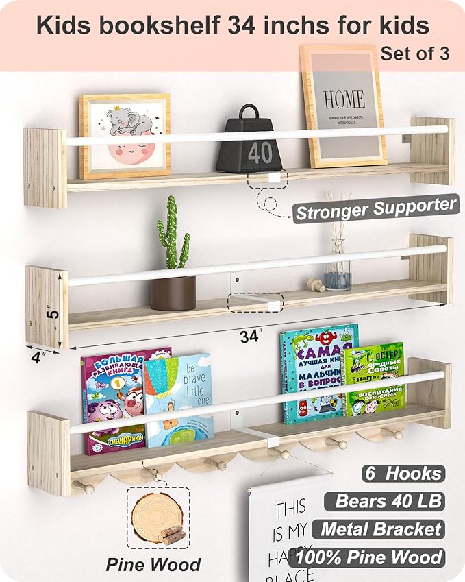 Nursery Book Shelves 34 inchs, Floating Book Shelves for Wall Nursery, Wall Mount Nursery Shelves Set of 3, Perfect for Living Room, Kids Room, Playroom & Bedroom.