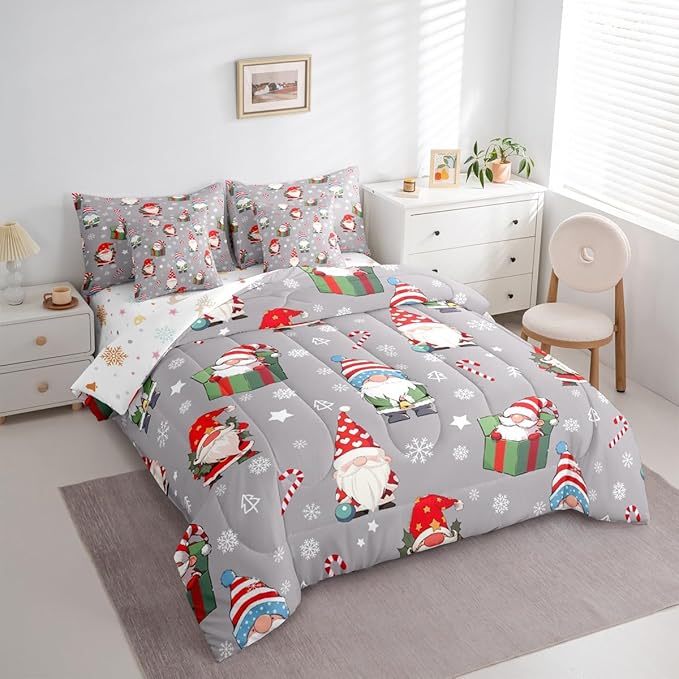 Christmas Gnomes Comforter Set With Sheets 7 Piece King Size Cute Snowflakes Candy Bedding Set for Kids Boys Girls Grey Bed in a Bag Reversible Xmas Decor Room Decor Soft Lightweight Microfiber