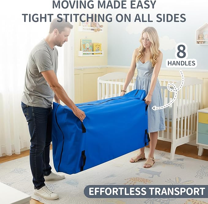 2 Pcs Oxford Cloth Waterproof Crib Mattress Storage Bag with Zipper and 8 Reinforced Handles Heavy Duty Reusable Crib Mattress Cover for Storage, 52.5 x 28 x 6.5 Inches (Blue)