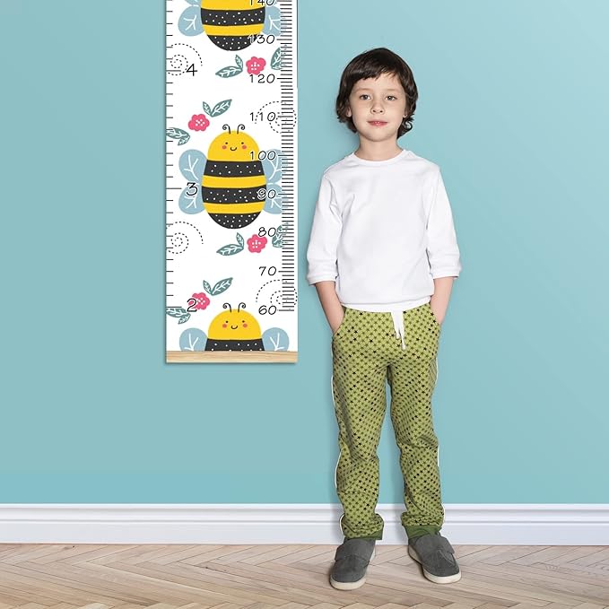 Personalized Kids Name Growth Chart Ruler for Wall Wood Frame Height Measure Chart 13.4x56 in Linen Hanging Height Growth Chart Cute Cartoon Bee Red Floral Kids Room Decor