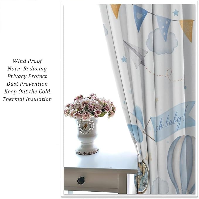 Blue Bear Curtains, Cute Lovely Bear Adventure Airplane Cloud Pastel Blackout Window Treatments, Rod Pocket Thermal Insulated Drapes 2 Panel Sets for Kids Bedroom Nursery Classroom, 42"W X 45"L