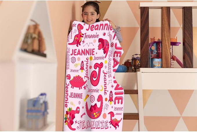 Dinosaur Lover Astronaut Personalized Blanket with Name Custom Pink Dinosaur with Name Flannel Blanket Soft Throw Meaningful Gift for Toddlers Girls Boys Kids Pets 120 * 90" XL for Family