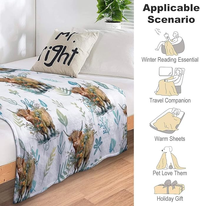Blanket for Women Girls, Highland Cow Blanket Gifts for Kids Teens Adults, 60x50 Inches Cute Throw Blanket for Highland Cow Lovers, Green Soft Fuzzy Blankets for Bed Couch Travel