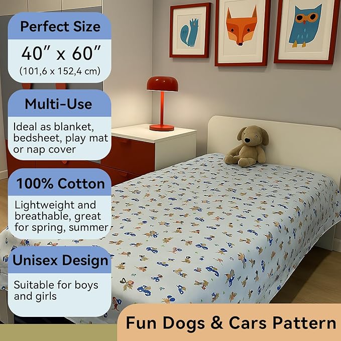 Kids Throw Blanket – Soft Cotton Toddler Blanket with Cute Dogs & Cars Pattern, Breathable Lightweight Bed Throw for Boys Girls, Perfect for Spring Summer Fall, 40 x 60 in (101.6 x 152.4 cm)