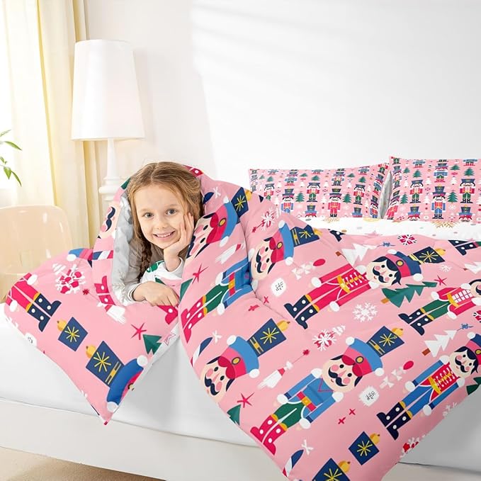 Feelyou Cute Nutcracker Kids Comforter Set Toddler Christmas Tree Bedding Set Xmas Snowflake Duvet Quilt for Kids Boys Girls Bedroom Colorful Soldier Decor Candy-Cane Designs Soft Breathable