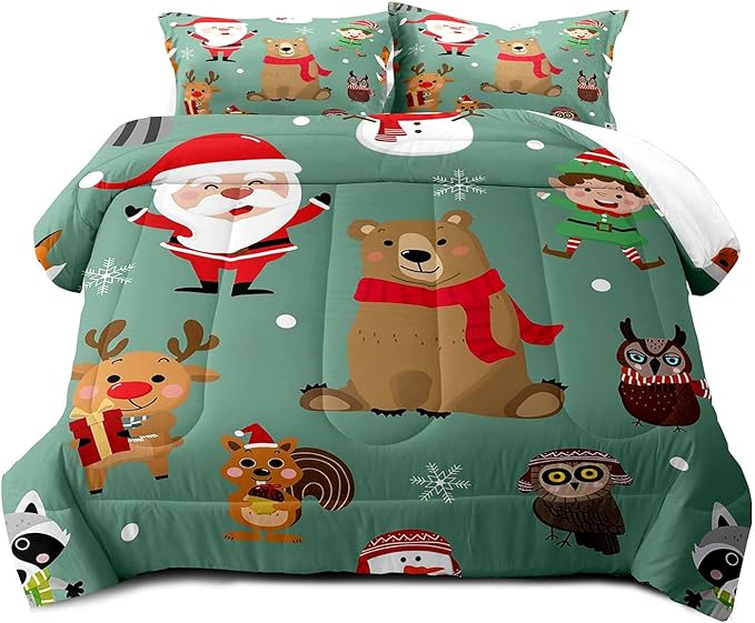 LUVIVIHOME 3PCS Merry Christmas Comforter Set King Size, Boys Girls Kids Bedding, Green Quilt, Funny Cute Cartoon Santa Claus Elf Owl Elk Reindeer Squirrel Xmas Christmas Bedroom Decor, 2 Pillow Shams