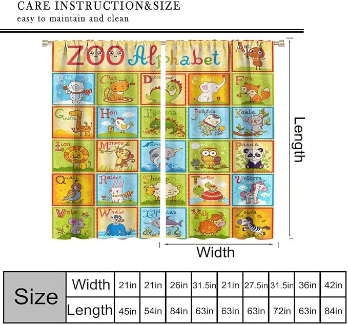 Alphabet Curtains Kids Educational Learning Tool Baby Cartoon Animals Colorful Curtain with Rod Pocket for Bedroom Living Room Decor Drapes Window Treatments 2 Panels Set 63" W X 63" L