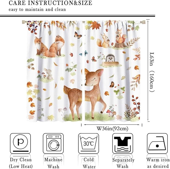 Fall Animails Curtains for Kids, Rustic Cute Woodland Wild Animal Window Treatments Watercolor Autumn Leaves Cartoon Fox Deer Window Drapes for Nursery Toddler Bedroom 72x63in