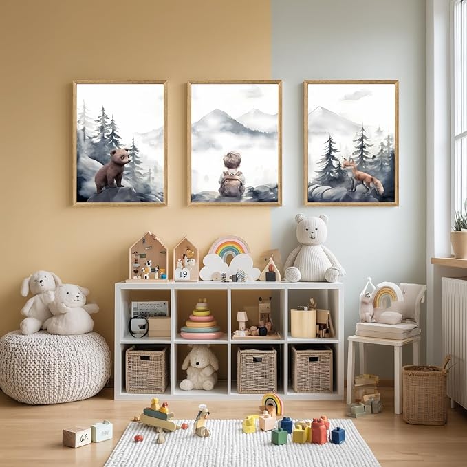 Cyebmo Woodland Boy Nursery Wall Art Set of 3, Whimsical Boy Adventure Wall Decor, Mountain Forest Animal Bear Fox Canvas Painting for Classroom Kids Room Baby Nursery Wood Framed 16"x24"x3