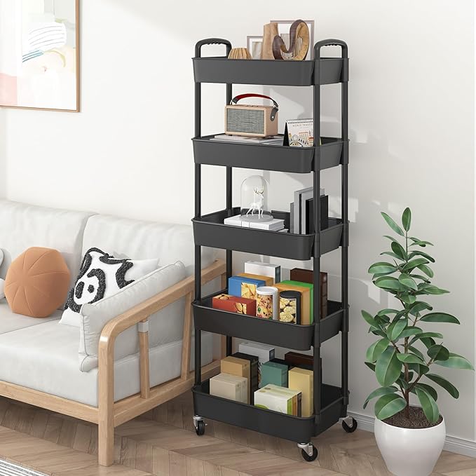 Sywhitta 5-Tier Plastic Rolling Utility Cart with Handle, Multi-Functional Storage Trolley for Office, Living Room, Kitchen, Movable Storage Organizer with Wheels, Black