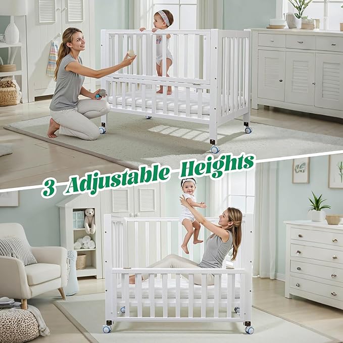 Foldable Mini Baby Crib - Portable 4-in-1 Convertible Baby Cribs,Pine Wood Bedside Bassinet,3 Heights Bassinet Bedside Sleeper with A Sponge Mattress,Wheeled,White