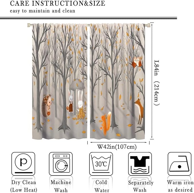 Kids Woodland Animal Window Curtains, Autumn Forest Hedgehog Rabbits Squirrel Fox Birds Blackout Rod Pocket Window Treatments Drapes for Boys Girls Bedroom 84x84in