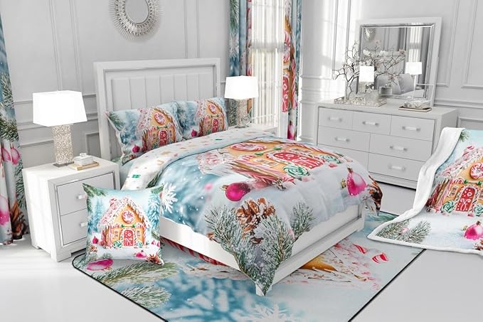 Feelyou Christmas Snowscape House Landscape Bedding Set Soft for Boys Girls,Gingerbread House Comforter Set King Size Candy Canes Duvet Quilt Pine Branches Bedroom Decor 3 Pcs with 2 Pillow Cases