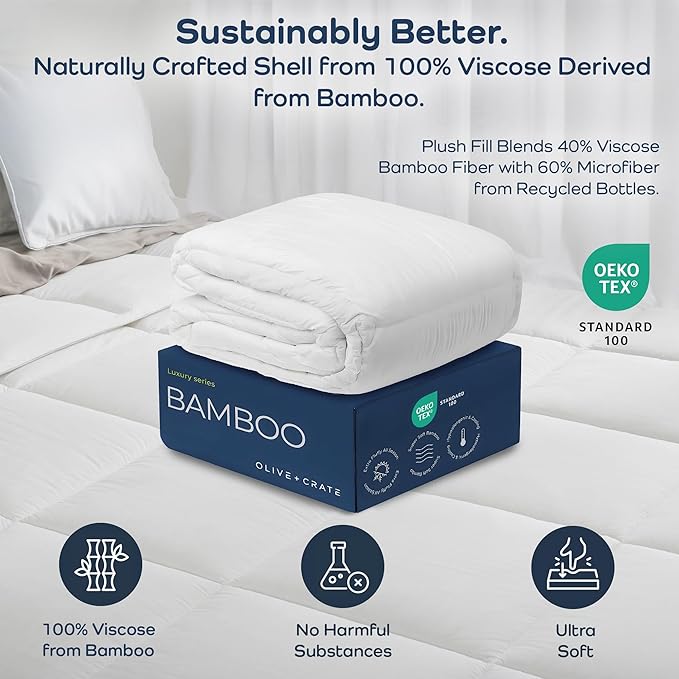 Olive + Crate 100% Viscose derived from Bamboo Winter Comforter - Extra Thicker and Heavier Queen Size - Cooling Blanket, Hypoallergenic & Moisture Wicking Bedding - White Comforter (88" x 90")