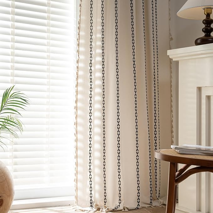 Deeprove Black and White Boho Curtains 84 inches Length for Living Room Bedroom Nursery, Vintage Chic Bohemian 84 inches Long Stripe Embroidery Farmhouse Tassel Privacy Window Decor W52 x L84, 1 Panel