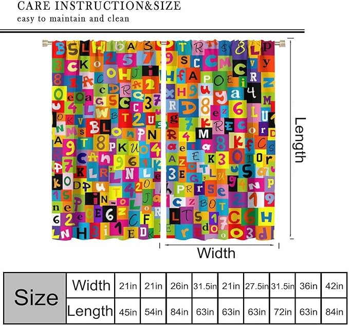 ABC Alphabet Curtains Colorful Art Patchwork Alphabet Graffiti Cartoon Print Curtain with Rod Pocket for Bedroom Living Room Home Decor Drapes Window Treatments 2 Panels Set 63" W X 63" L