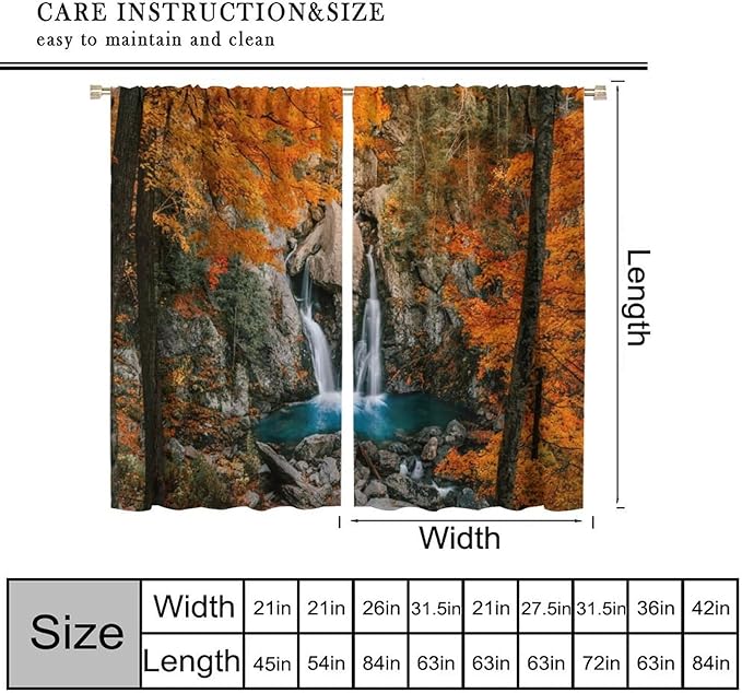 Autumn Waterfall Blackout Windows Curtains, Rustic Farmhouse Fall Forest Landscape Window Drapes, for Living Room Bedroom 52" W X 84" L