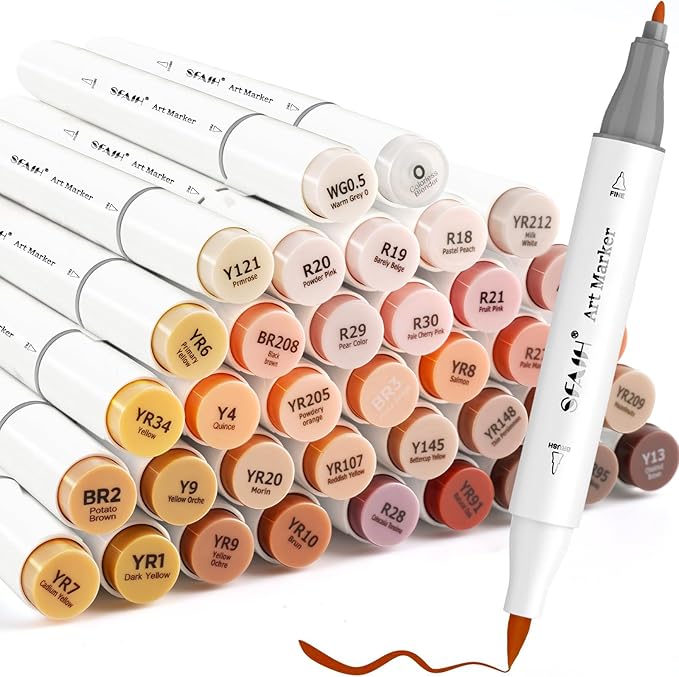 SFAIH Skin Tone Alcohol Markers Brush & Fine - 37 Portrait Color Permanent Markers for Adults/Teen/Artists/Creators, Blendable Art Markers for Coloring Sketch & Drawing & Illustration-Refillable Ink