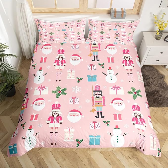Pink Christmas Nutcracker Decorative Comforter Cover Twin Size Xmas Cartoon Santa Claus Duvet Cover New Year Festival Snowman Snowflake Bedding Set Gifts for Kids Boys Girls 1 Pillow Case Pink