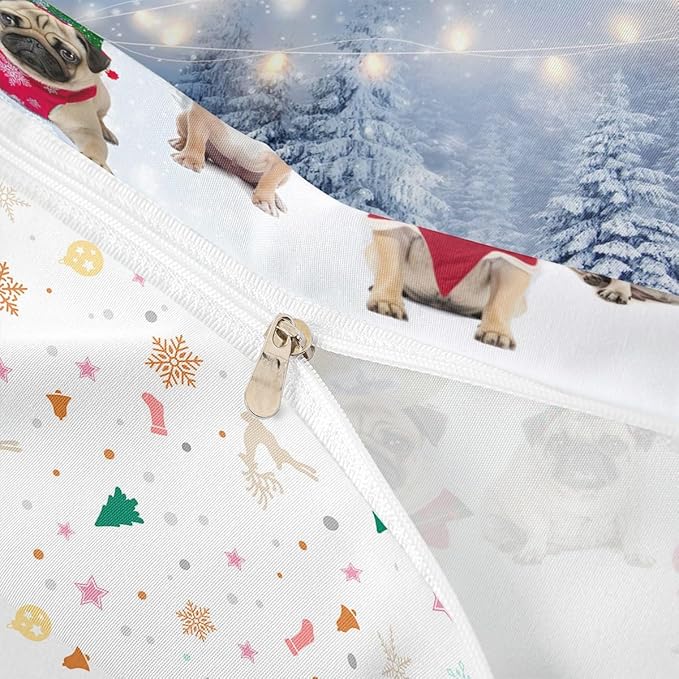 Dog Xmas Duvet Cover Cute Pug Dog Christmas Tree Style Bedding Set 3D Animal Comforter Cover for Boys Girls Children Teens Bedroom Decor White Blue Bedspread Cover Full Size with 2 Pillow Case